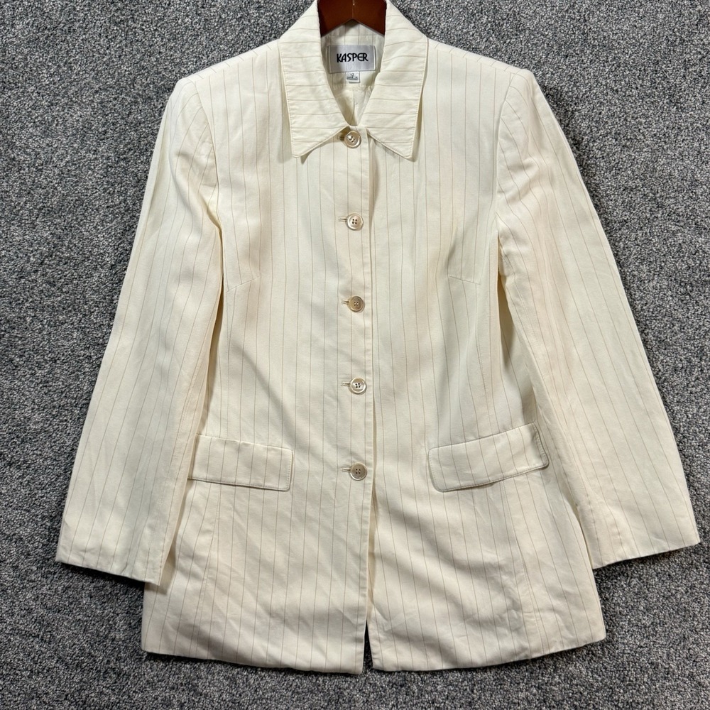 Kasper Womens Ivory Pinstripe Blazer Jacket Size 12 Career Office‎ Lined